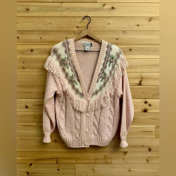 Vintage Diversity Size Large Coquette Girl Floral Fringe Baby Pink Cardigan - Picture 1 of 13